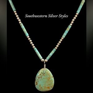 Vintage Sterling Silver Navajo Pearls Green Turquoise Pendant Necklace (B)